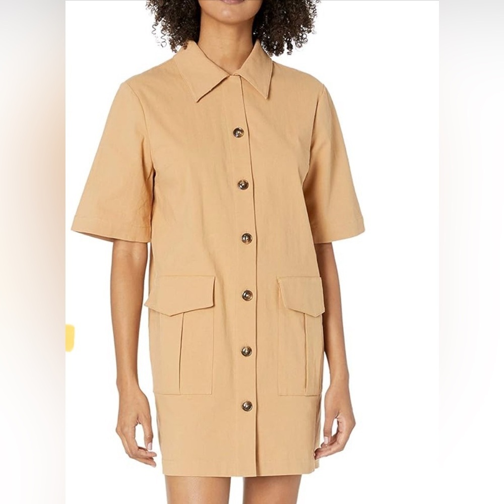 The Fifth Label Camel Tan Collared Camp Dress – Button Front, Utility Style, XS